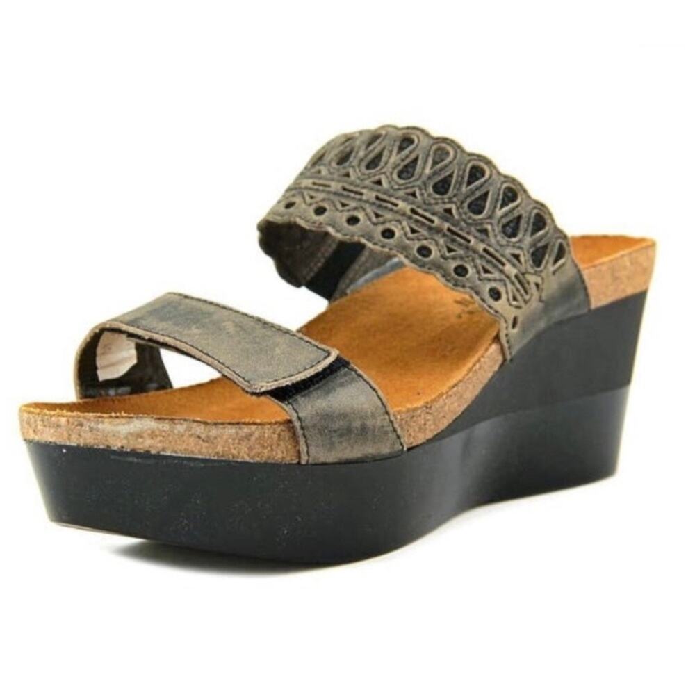 Naot Rise Wedge Sandals Oily Coal Nubuck Shadow Gray Nubuck Leather 10